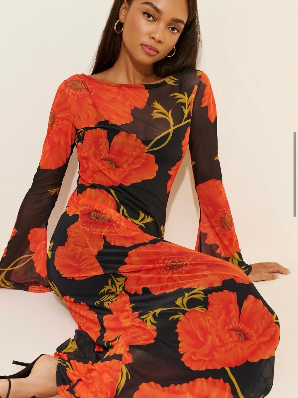 Never Fully Dressed Black Maxi Dress with Bold Orange Floral Print - Picture 4 of 4